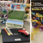 Two photo collage. On the left is the Animation Studio STEM Kit contents, which are a black laptop, multi-colored clay tools, a blue flexible camera, red mouse, and LEGO book; the right side photo is of the Marble Run STEM Kit showing a yellow and purple section of the buildable run, as well as the black box the Kit came in.