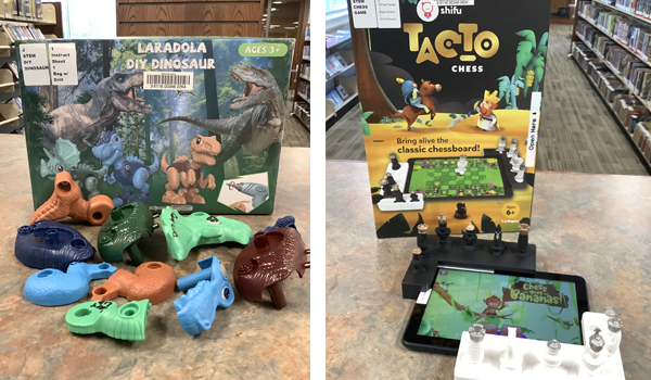 Two photo collage of the DIY Dinosaur Kit contents on the left and the Tacto Chess Kit on the right.